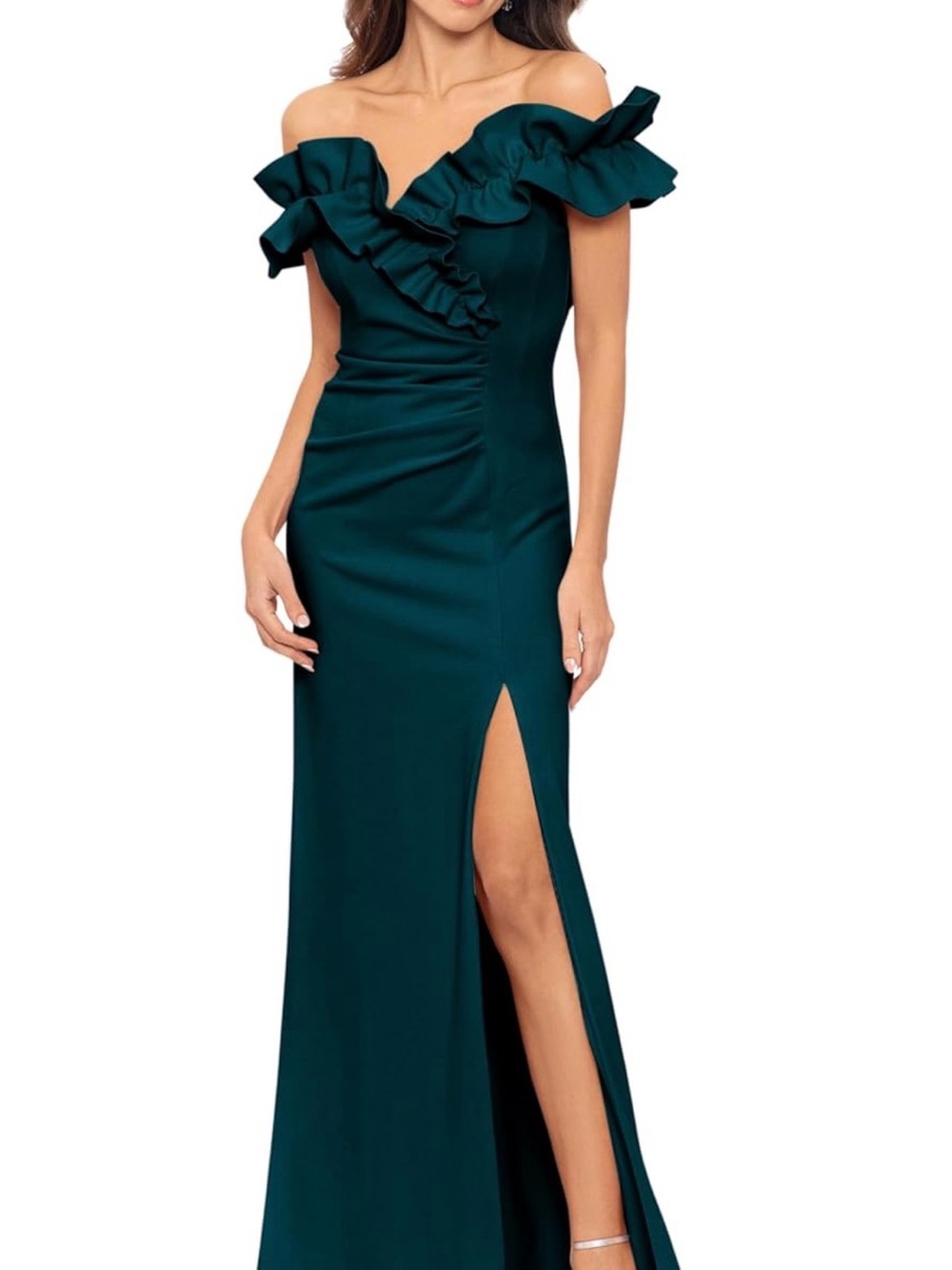 Xscape One-Shoulder Ruffle Evening Gown in Teal Green